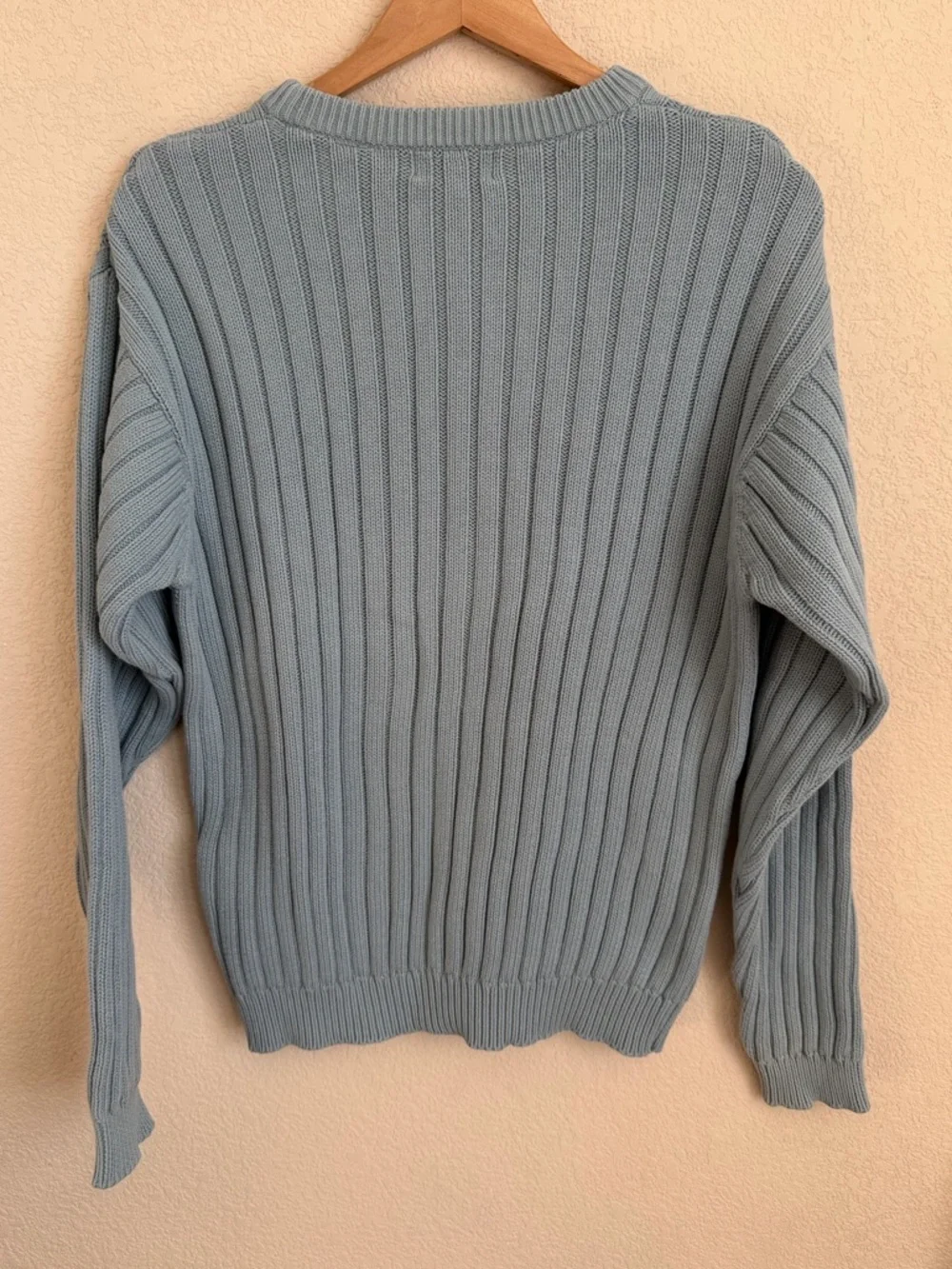 St Johns Bay Ribbed Knit Cotton Sweater Mens M Blue Vintage Shaker Crew 90s Cozy